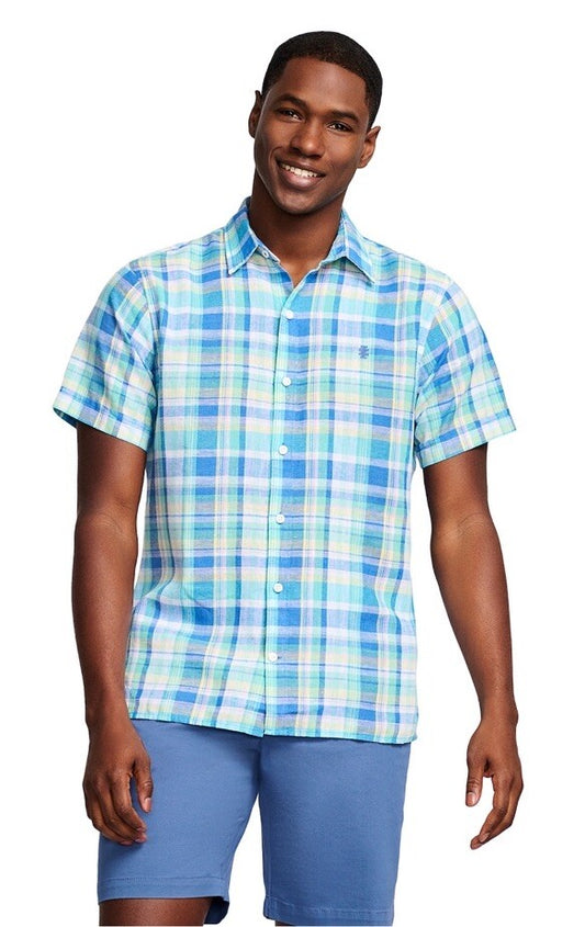 $50 Izod Men’s Linen Blend Madras SS Button Up Shirt-Florida Keys Plaid-Small