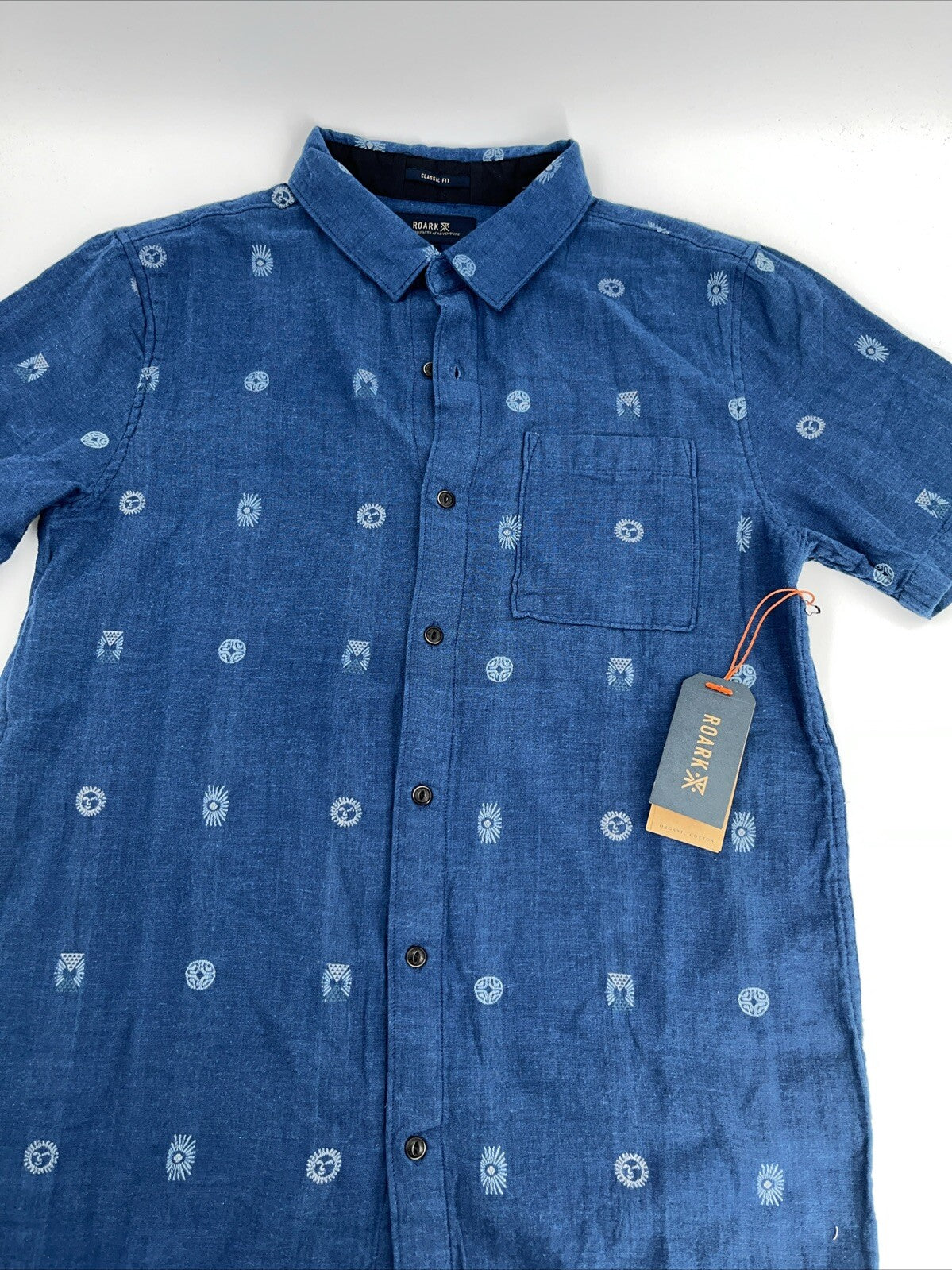 $75 Roark Men’s Journey Sunburst Button S/S Shirt-Dobby Indigo-Small-New Tag