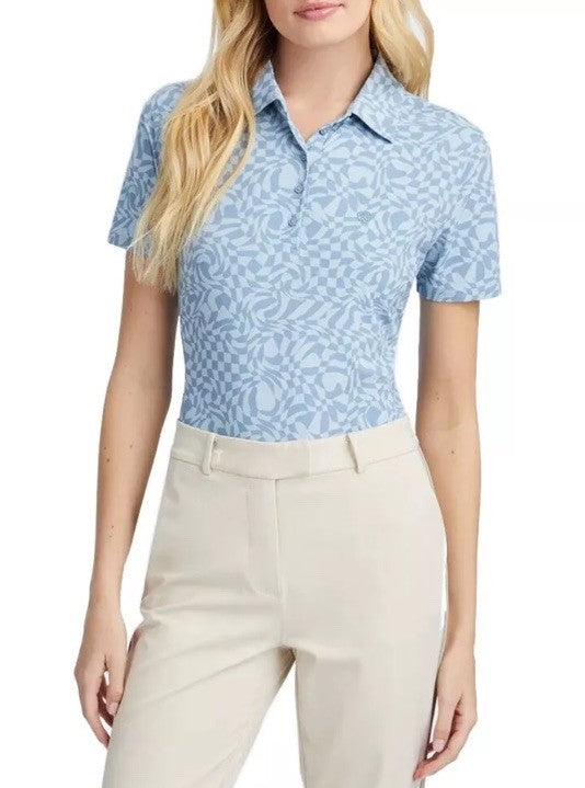 $125 G/Fore Women's Distorted Check Silky Tech Nylon Golf Polo-Fjord-Medium -New