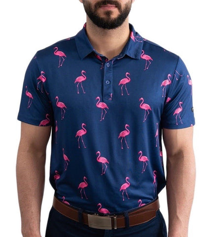 $50 Yatta Golf Men’s 3 Button Polo Shirt - Classy Mingo Navy Pink - Medium - New