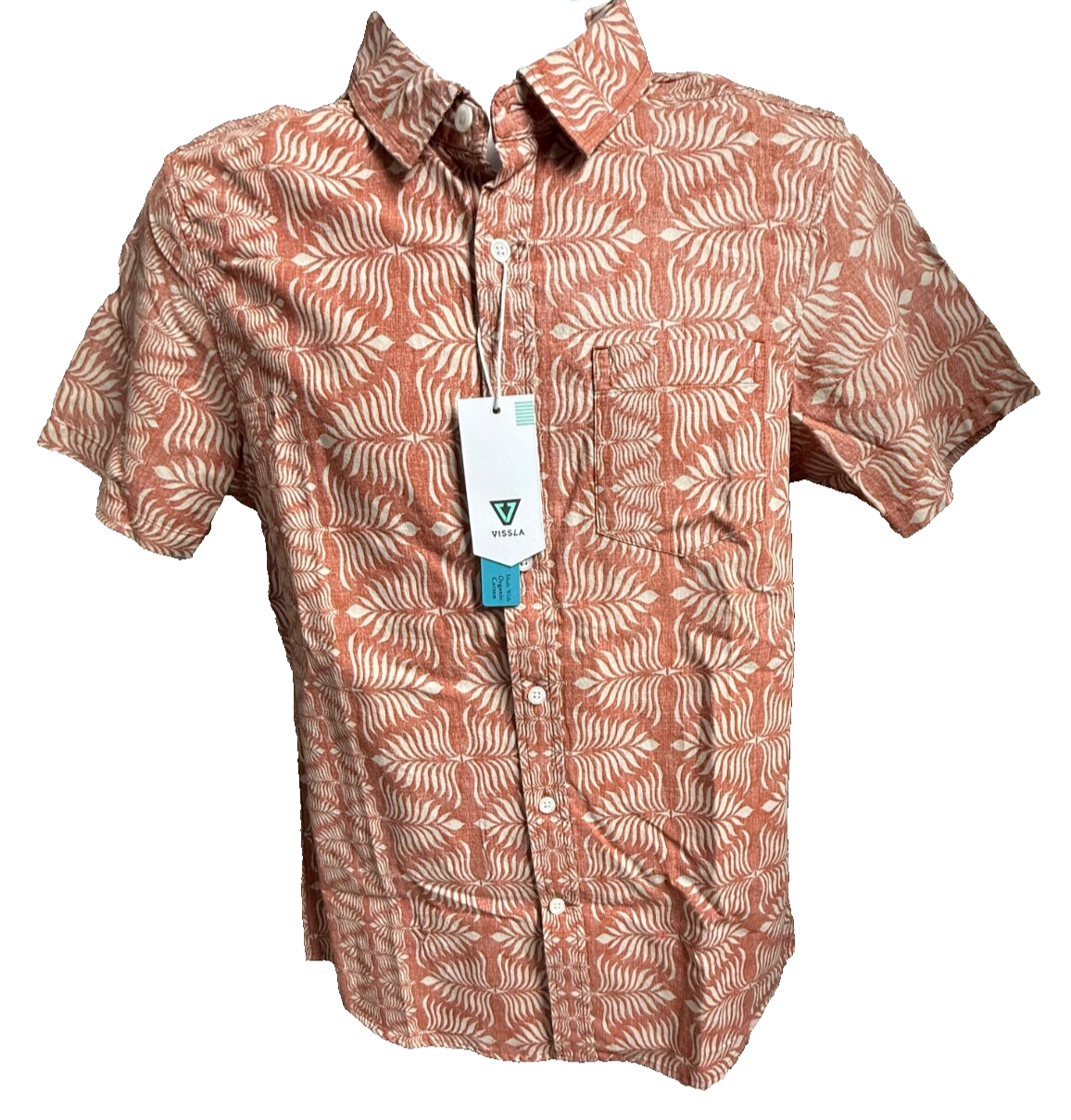 $70 Vissla Men’s-Island Impressions Cotton Button Up Shirt-Orange-Small-New Tag
