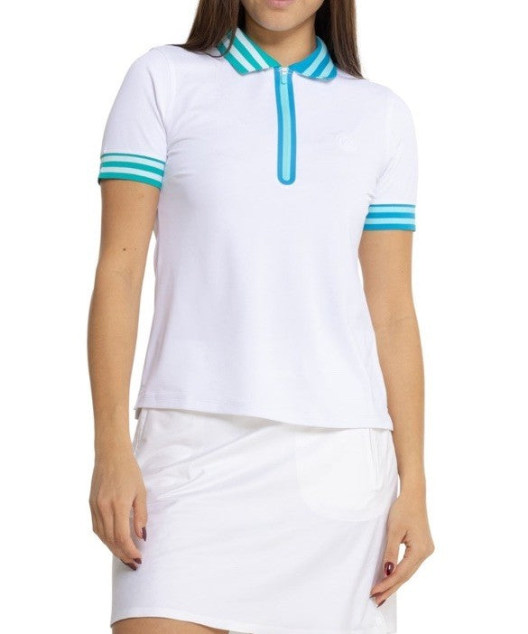 $110 G/FORE Women's Contrast Quarter-Zip Tech Pique Golf Shirt Logo-White-Small