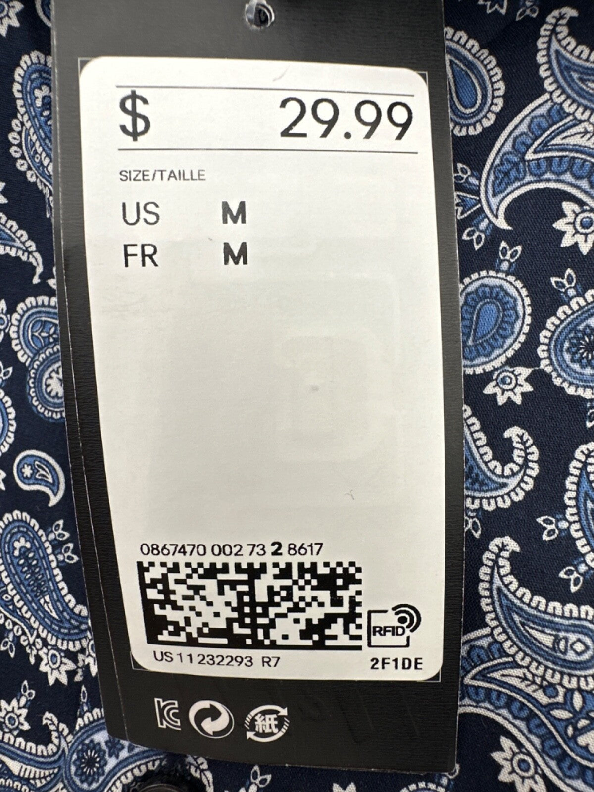 H&M Men's Regular Fit Paisley Patterned Long Sleeve- Dark Blue - Medium- New Tag