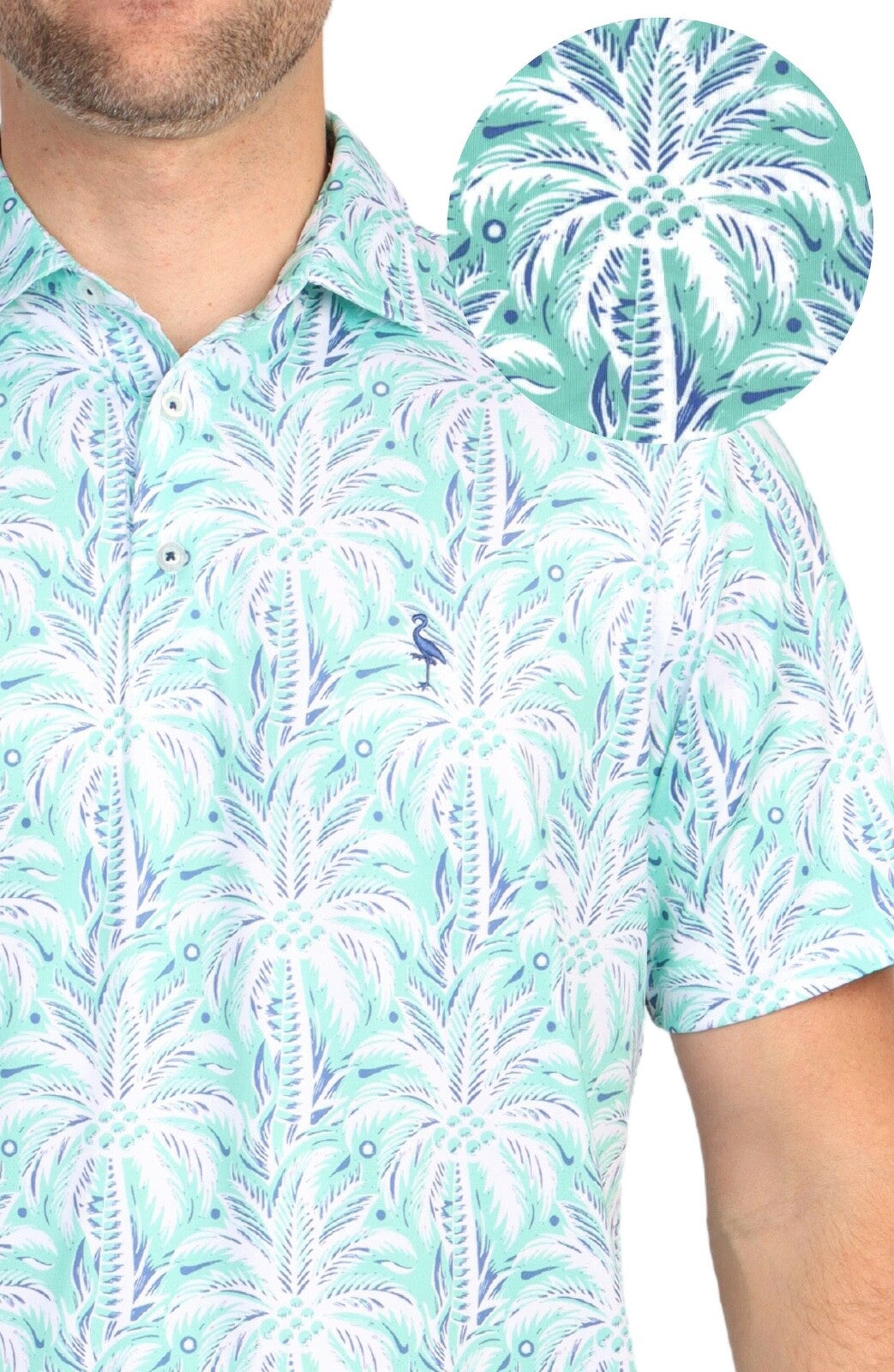 $80 TailerByrd Men's Palm Tree Print Performance Polo- Sea Foam - Small - New