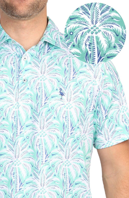 $80 TailerByrd Men's Palm Tree Print Performance Polo- Sea Foam - Small - New