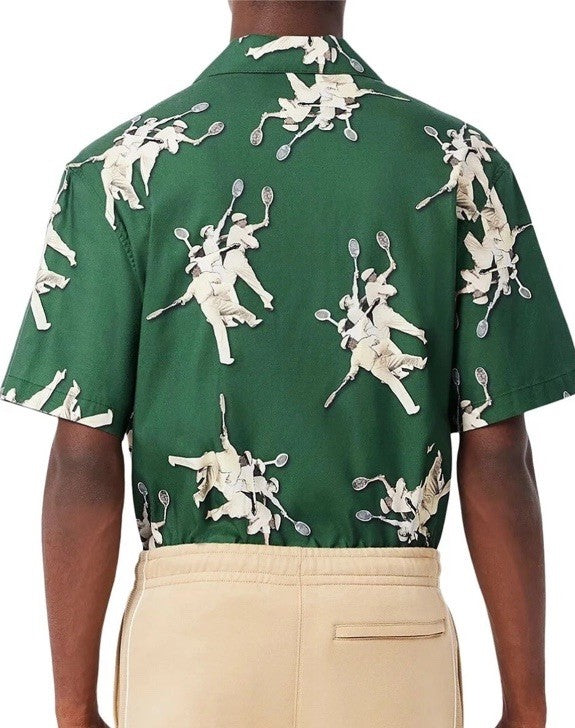 $140 Lacoste Men's S/Sleeve Rene Retro Graphic Print Camp Shirt-Green-Medium