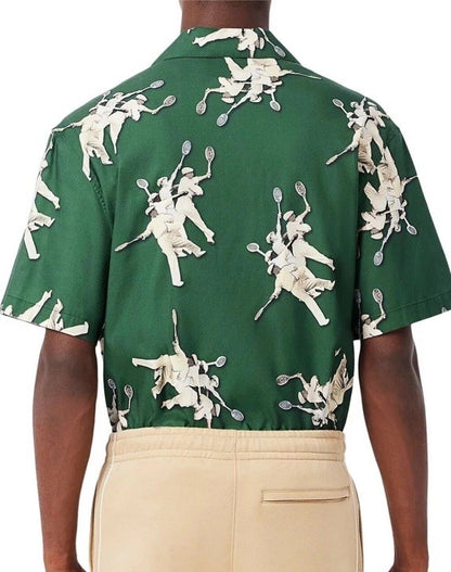 $140 Lacoste Men's S/Sleeve Rene Retro Graphic Print Camp Shirt-Green-Medium