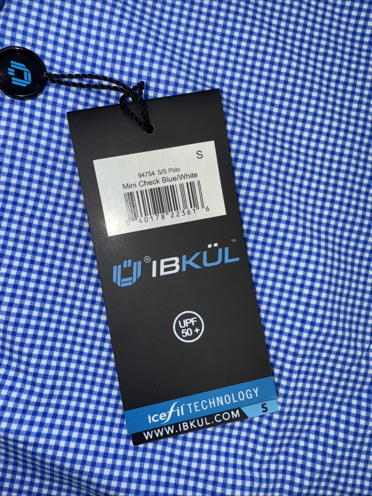 $100 IBKUL Men’s Short Sleeve Polo Mini Check UPF 50+ - Blue/White- Small-New