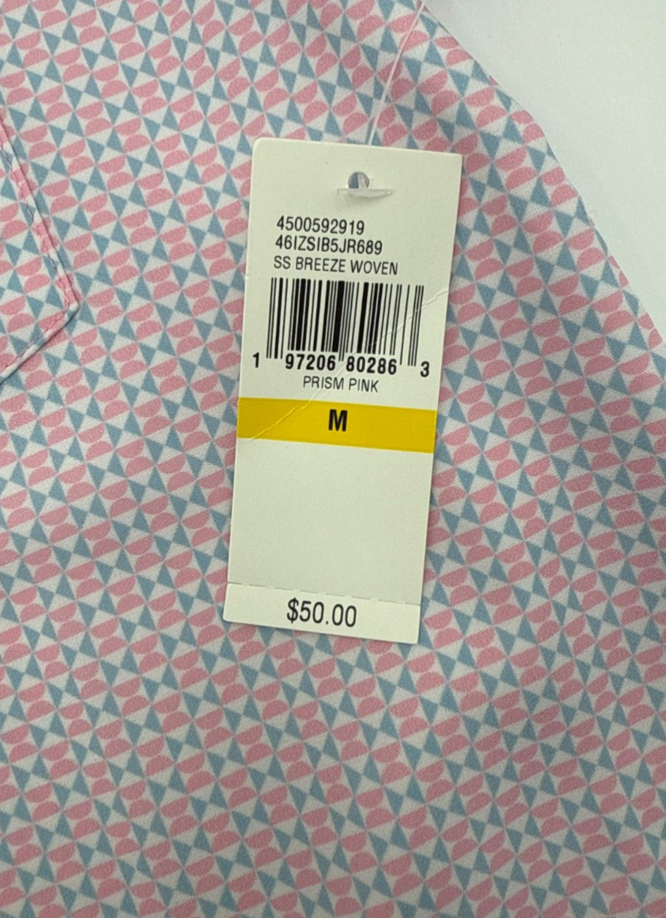 $50 Izod Men’s- Breeze Short Sleeve Button Down Shirt- Prizm Pink- Medium-New