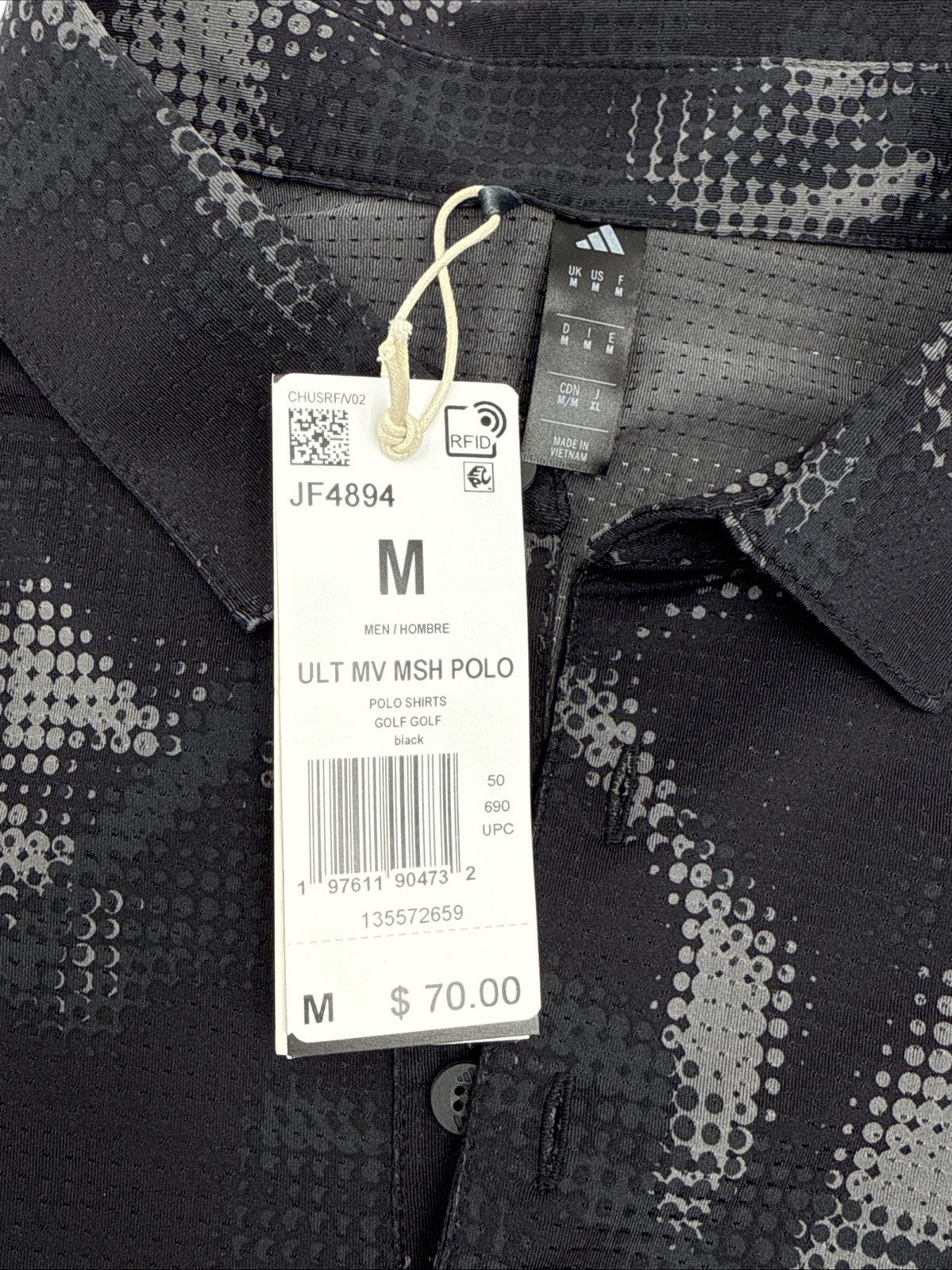$70 Adidas Men's Golf Ultimate Print UPF 50 Polo- Black/Grey - Medium- New Tags