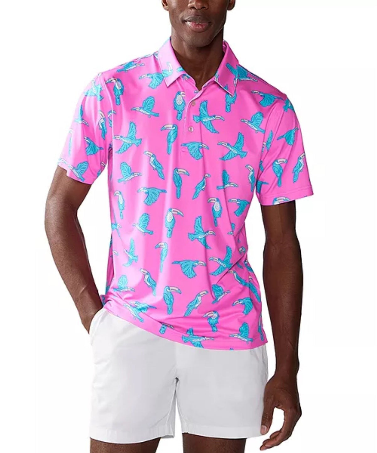$60 Chubbies Men's-The Toucan Do It Performance Polo 2.0-Pink Multivolor-Medium