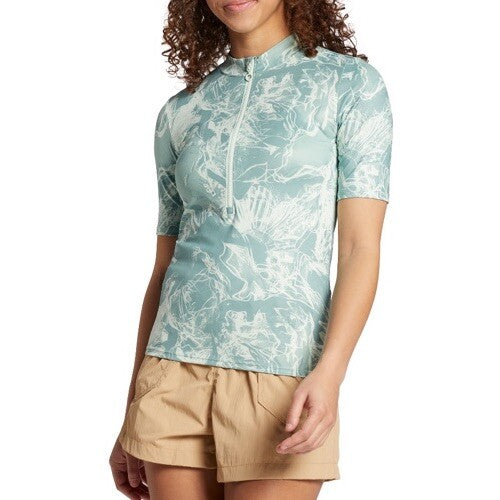 Alpine Design Women's  Oasis ½ Zip Short Sleeve Shirt - Jade Floral- Large NWT