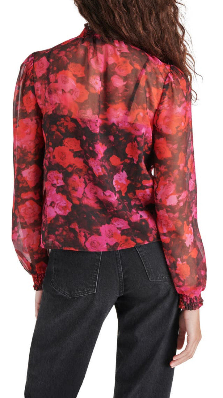 Steve Madden Women’s Floral Mock Neck Chiffon Top-Multi Pink-Small -NWT $69