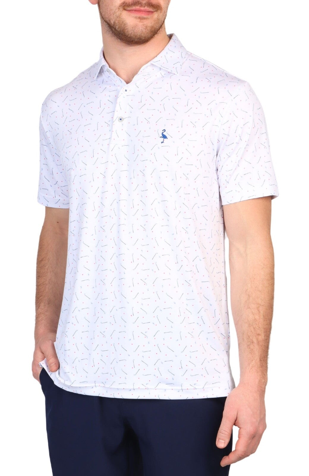 $80 TailorByrd Men’s Scattered Golf Clubs Print Performance Polo-White-Medium