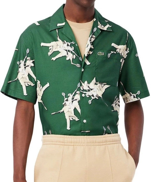 $140 Lacoste Men's S/Sleeve Rene Retro Graphic Print Camp Shirt-Green-Medium
