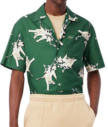 $140 Lacoste Men's S/Sleeve Rene Retro Graphic Print Camp Shirt-Green-Medium