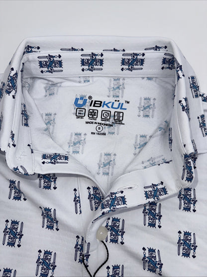 $100 IBKUL Men’s Short Sleeve Polo King Of Shapes Shirt-White/Blue- Small -New