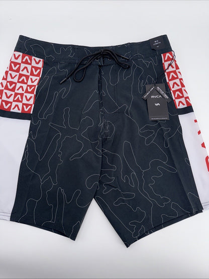$60 RVCA Men’s Apex 2 - 18" Boardshorts Trunk - Camo Black/Red- Size: 30”- New
