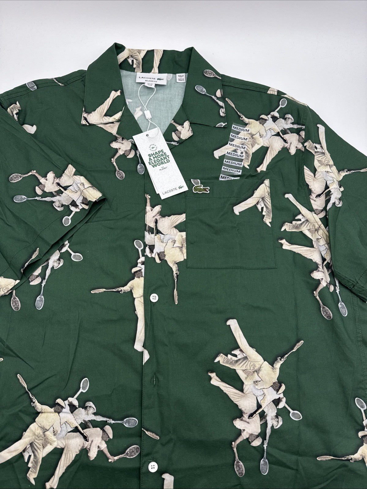 $140 Lacoste Men's S/Sleeve Rene Retro Graphic Print Camp Shirt-Green-Medium