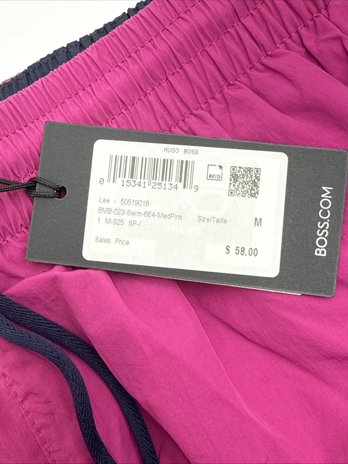 $58 Hugo Men’s- Boss/Hugo Men's Lee Drawstring Swim Trunks- Fuchsia -Medium -New