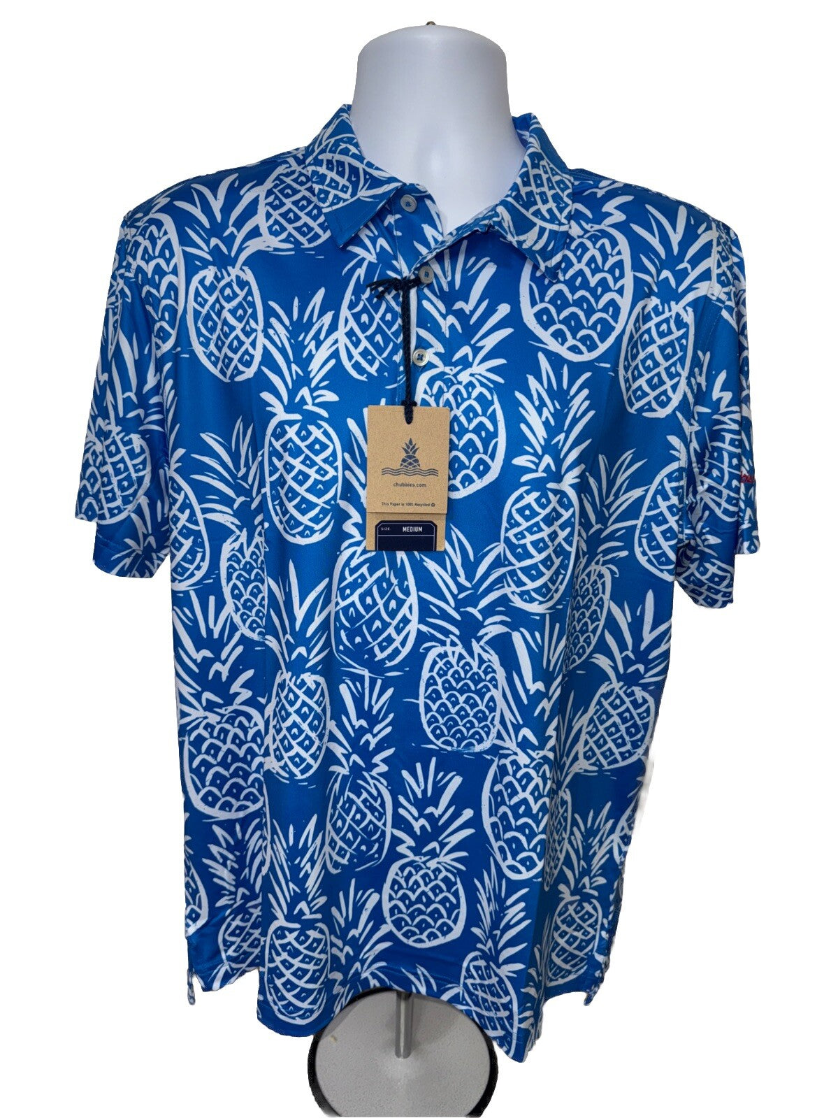 Chubbies Men's The Thigh Napple Performance Polo Shirt-Blue Pineapple-Medium-New