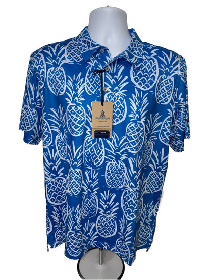 Chubbies Men's The Thigh Napple Performance Polo Shirt-Blue Pineapple-Medium-New