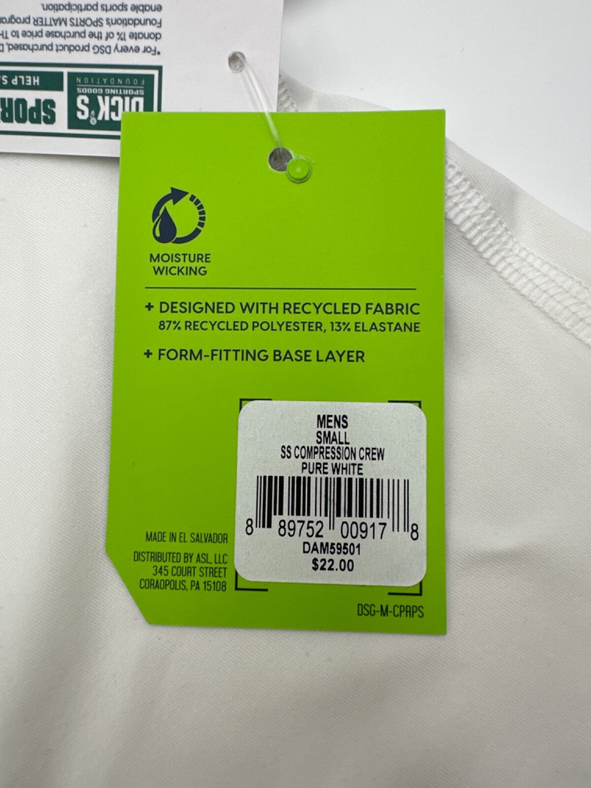 DSG Men’s Compression Crew T Shirt - Pure White - Small - New With Tags