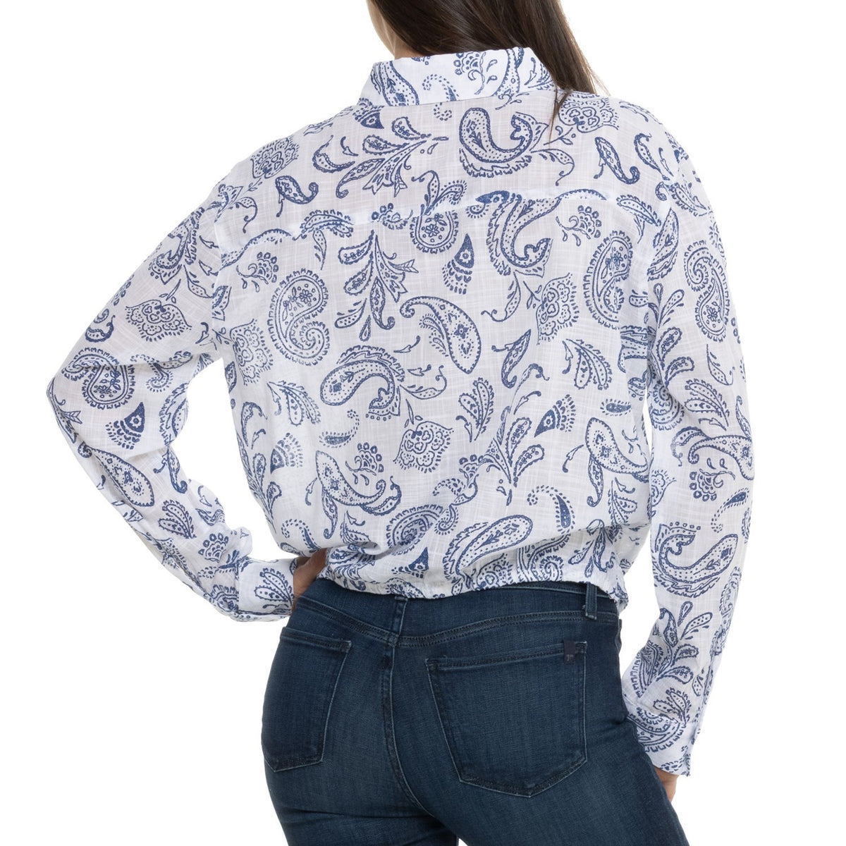 $90 Lucky Brand Women's Printed Tie Front Button Down Shirt-White/Blue-Large