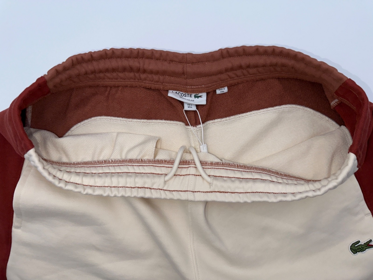 $85 Lacoste Men's Cotton Fleece Colorblock Shorts - White/Brown - Large - New