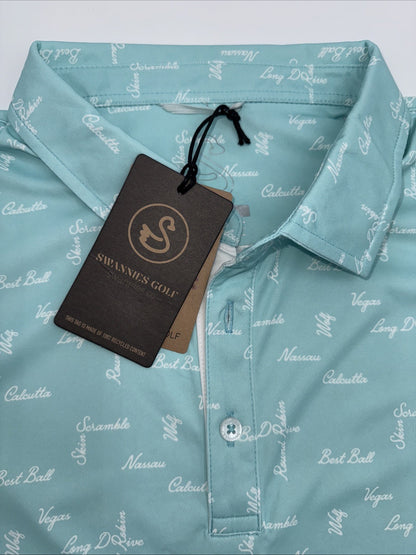 $65 Swannies Men’s Golf Barber Polo Shirt-Aqua/White- Medium - New With Tags