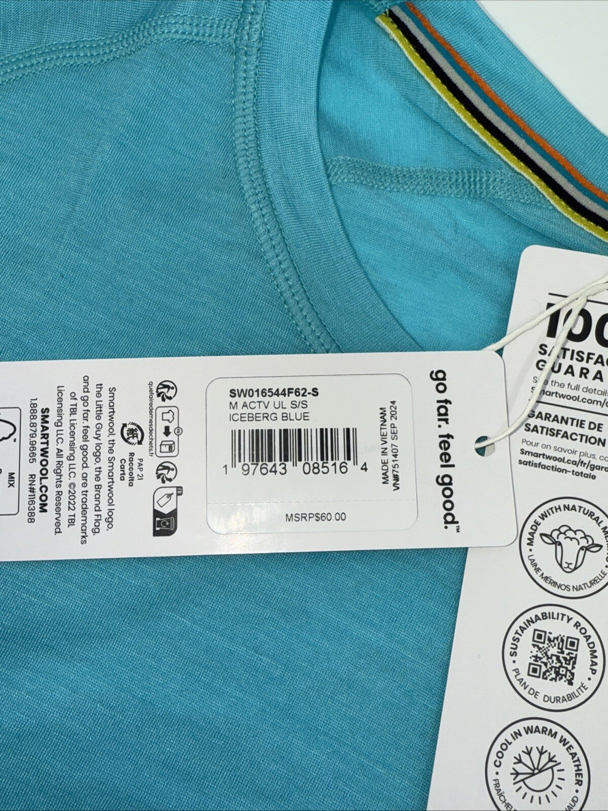 $60 Smartwool Men’s Active Ultralite Short Sleeve Shirt- Iceberg Blue-Small -New