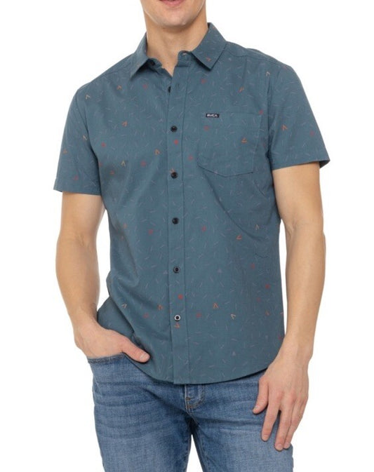 $66 RVCA Men’s Kimura Geometric Short Slv Shirt- Deep Sea- Size: Small- New Tag