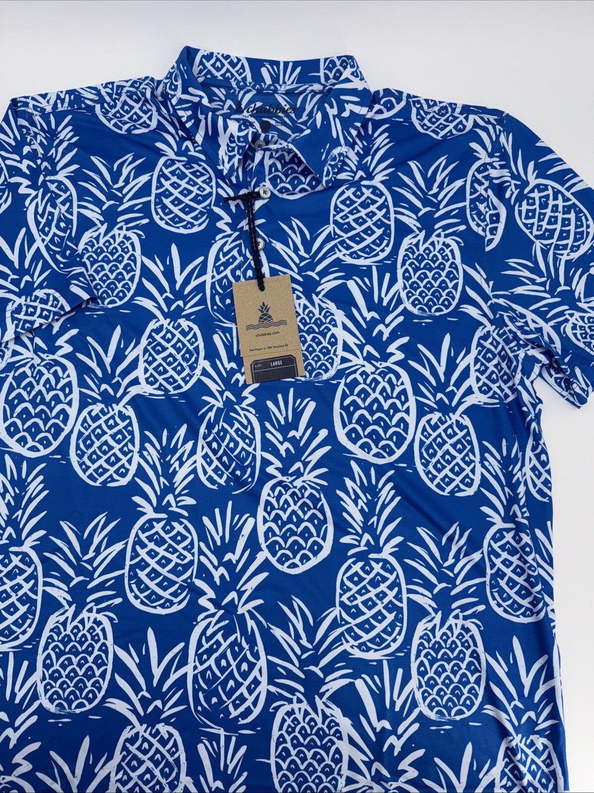 Chubbies Men's The Thigh Napple Performance Polo Shirt-Blue Pineapple-Large -New
