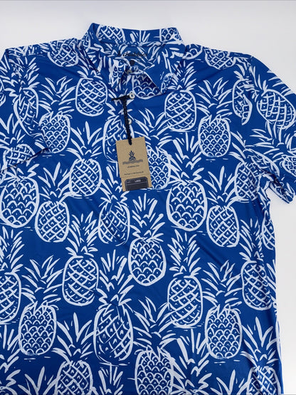 Chubbies Men's The Thigh Napple Performance Polo Shirt-Blue Pineapple-Large -New