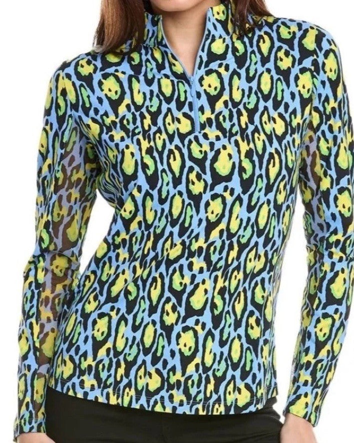 $100 Ibkul Women’s Long Sleeve Zip Mock Neck Top-Gemma Peri Multi -2XLarge -New