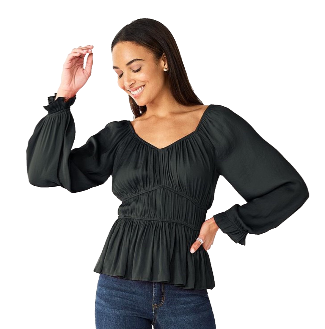$44 Nine West Women’s-Long Sleeve Sweetheart Peplum Top- Black- Medium-New Tag