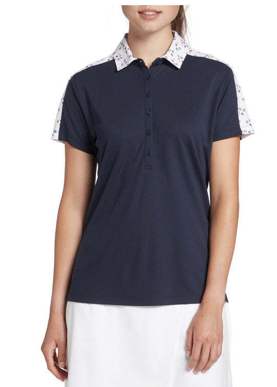Lady Hagen Women's Printed Block Golf Polo Shirt - Navy/white - Medium - New $55