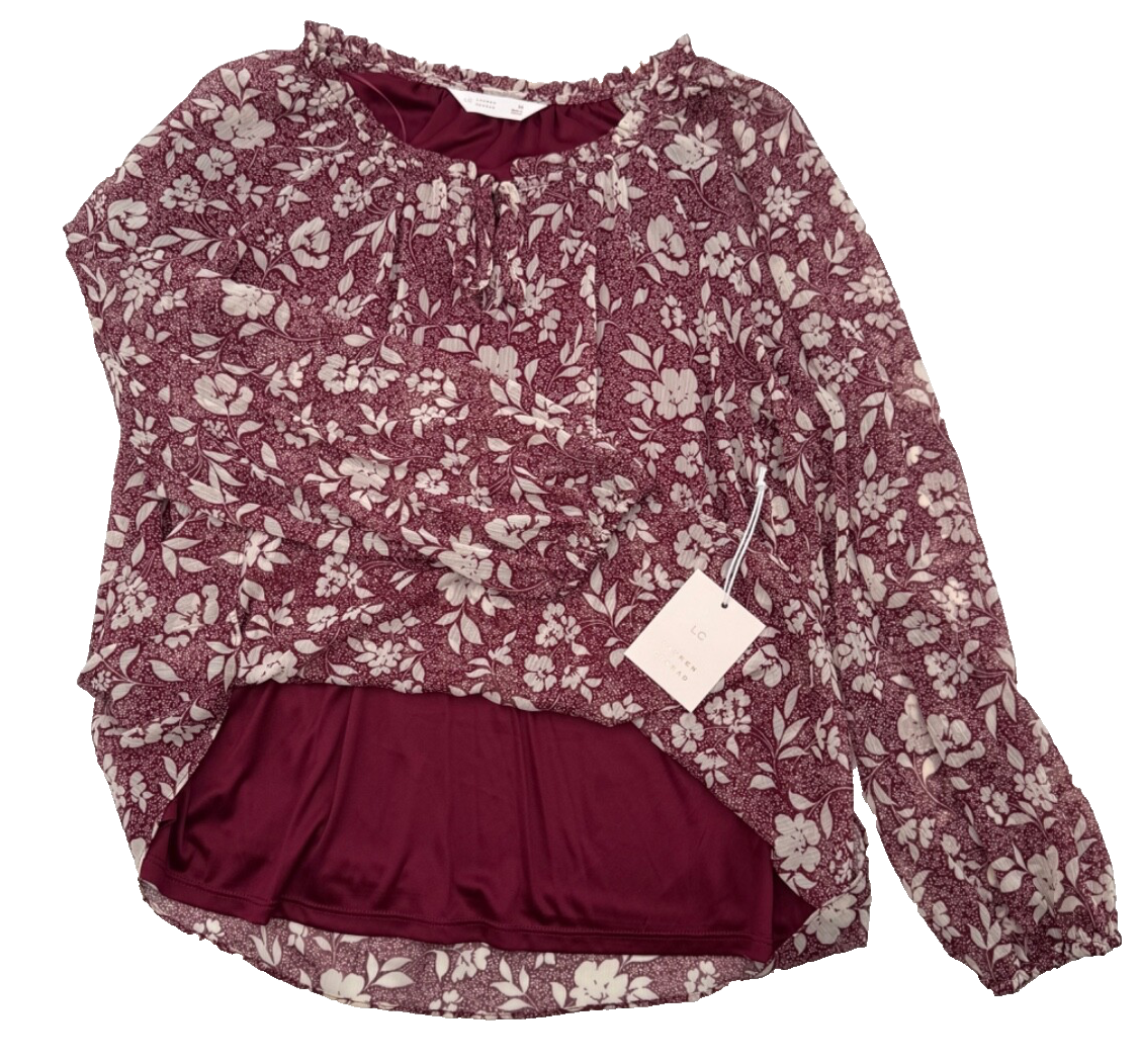 $40 Lauren Conrad Women’s-Floral Print Blouse Shirt-Maroon-Medium-New Tag