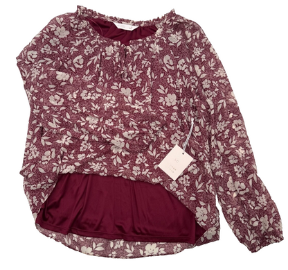 $40 Lauren Conrad Women’s-Floral Print Blouse Shirt-Maroon-Medium-New Tag