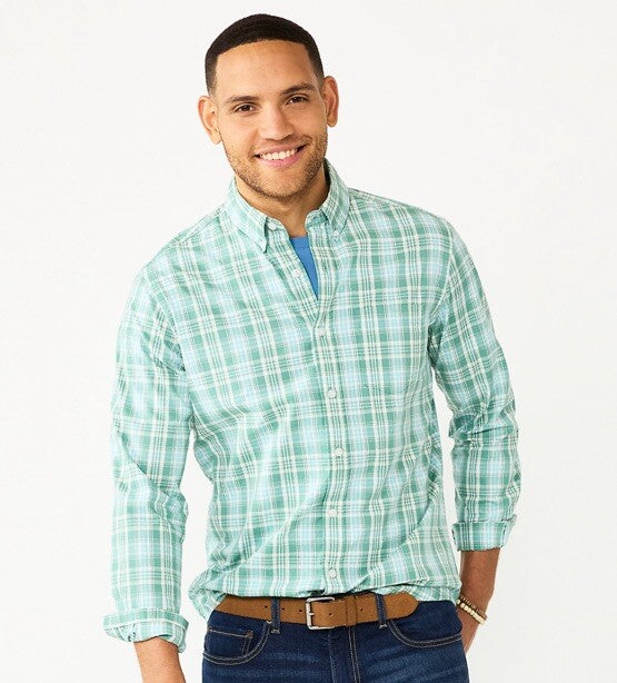 Sonoma Men’s Perfect-Length Button-Down Shirt - Green Blue Plaid- Small-NWT
