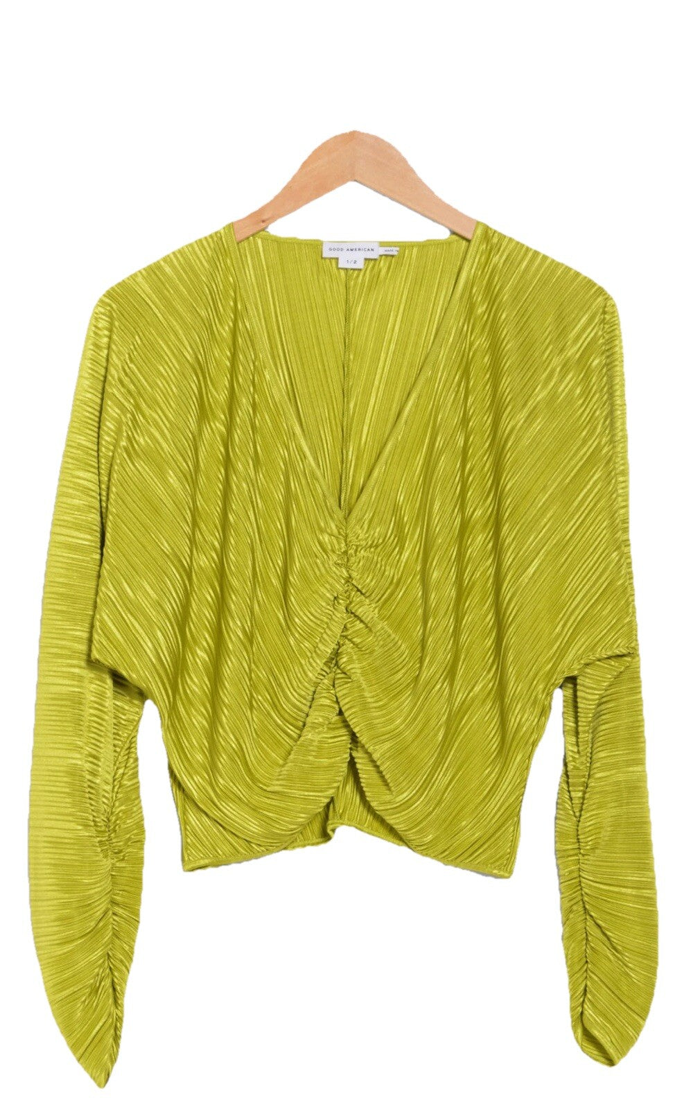 $129 Good American Women’s- Plissé Ruched Top Blouse Shirt- Chartrusse- Size 1/2