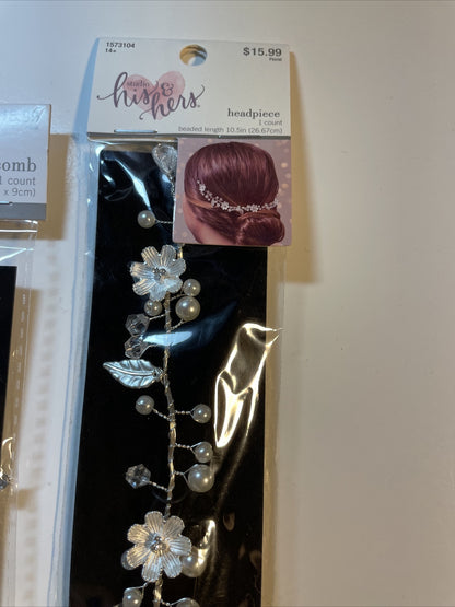 Combo Lot 3 PCs Studio His & Hers WEDDING Set: Hair Comb - Headpiece - Earrings