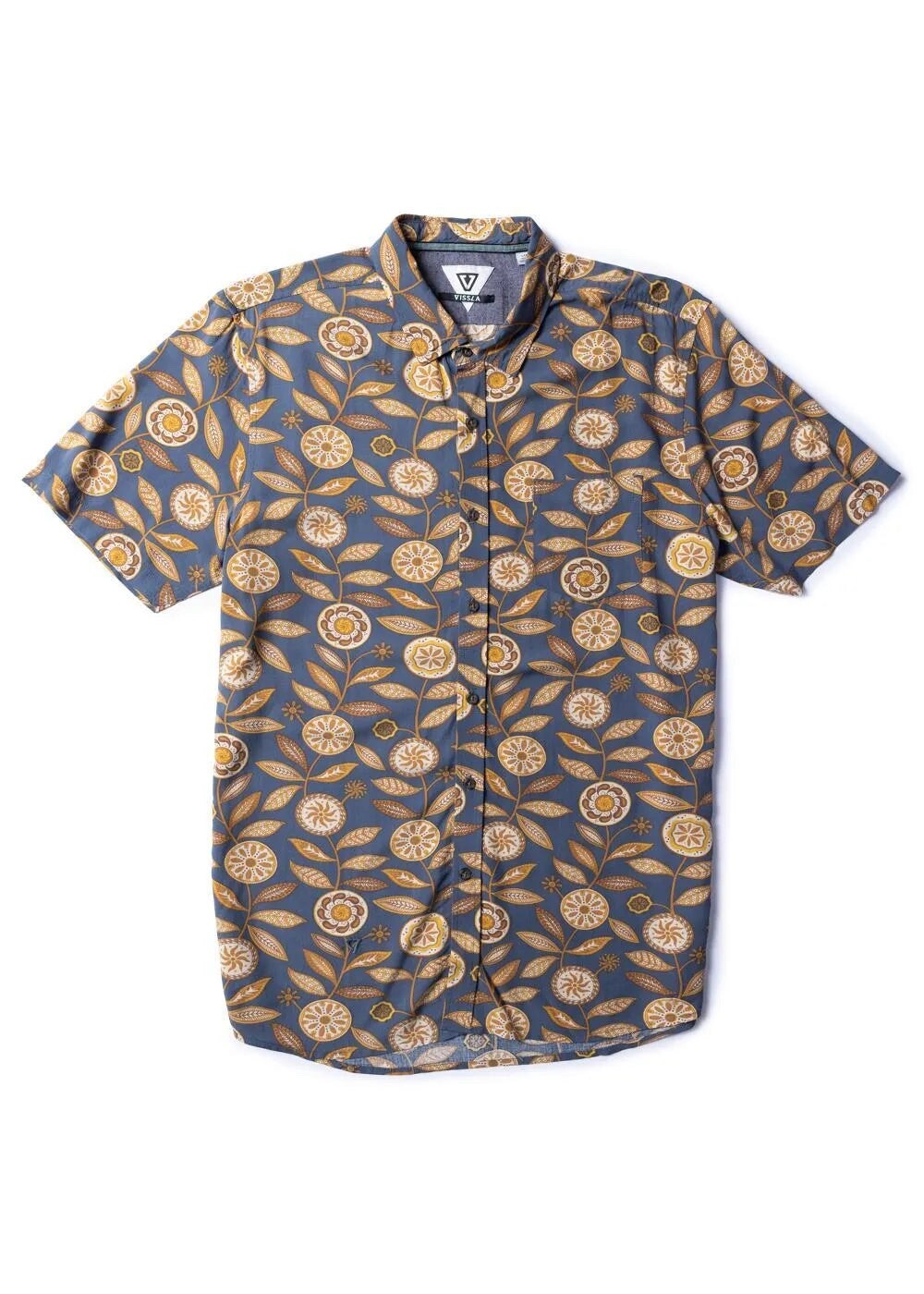 $70 Vissla Men’s Woven Medallions Eco Button Down Shirt - Blue/Gold - Small-New