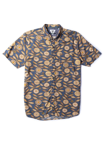 $70 Vissla Men’s Woven Medallions Eco Button Down Shirt - Blue/Gold - Small-New