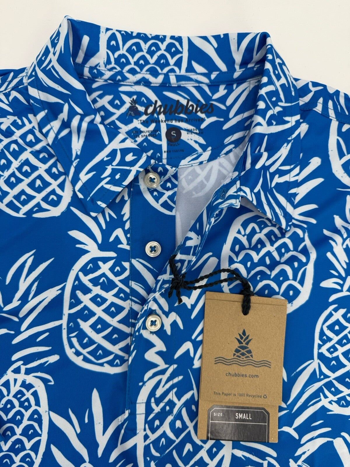 Chubbies Men's The Thigh Napple Performance Polo Shirt- Blue Pineapple-Small-New