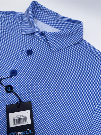 $100 IBKUL Men’s Short Sleeve Polo Mini Check UPF 50+ - Blue/White- Small-New