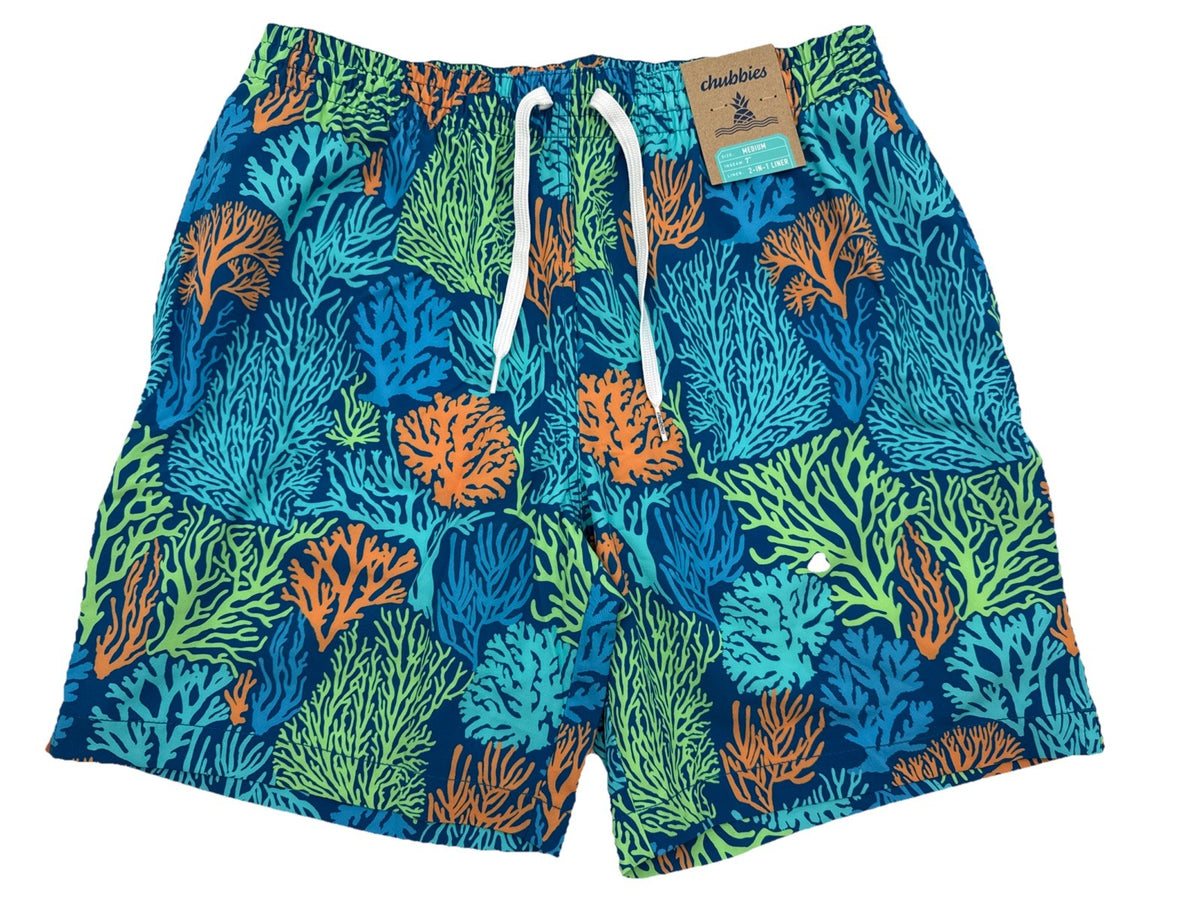 $80 Chubbies Men’s The Coral Quarrels 7” Swim Trunk Liner Shorts-Aqua - Medium