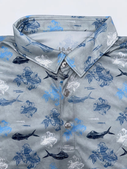 $55 Huk Men's KC Pursuit Printed Polo Shirt - Marolina Blue - Large - New Tag