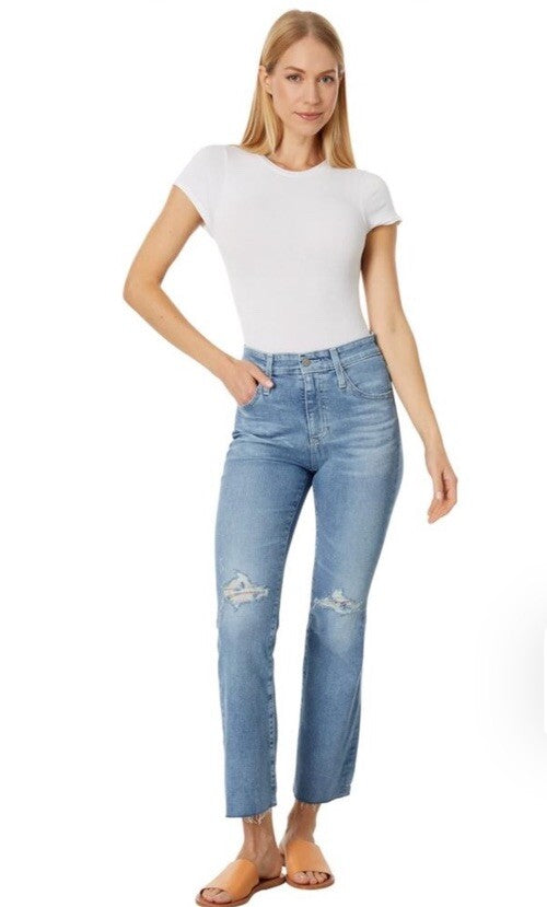 $235 AG Women’s Farrah Boot Crop Denim- 20 Years Undertow Destructed- Size 28