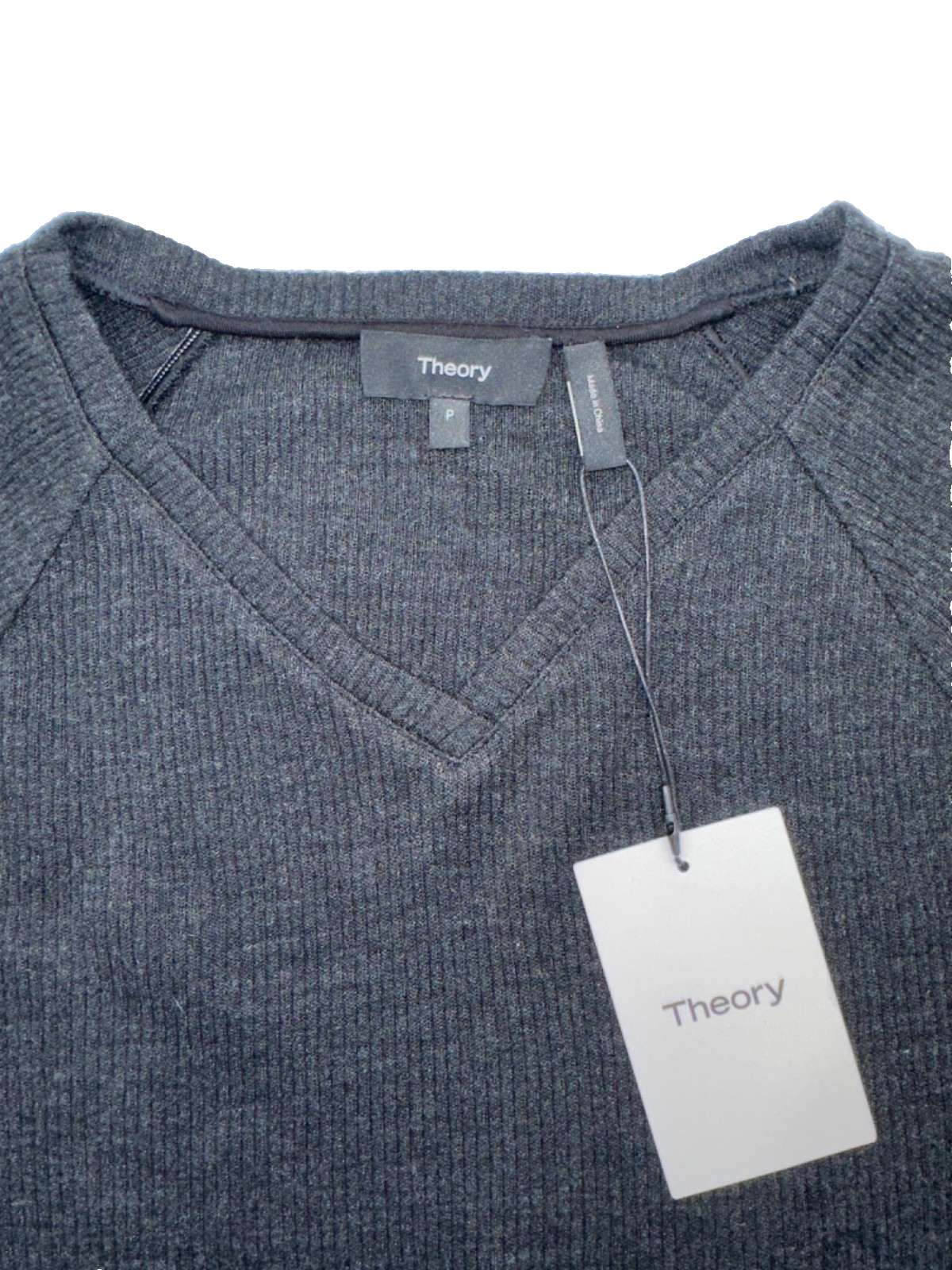 $215 Theory Women's Ranzini V Long Sleeve Rib Knit Sweater-Charcoal -Small-New